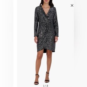 Julia Jordan Velvet Sequin Long Sleeve Faux Wrap Dress